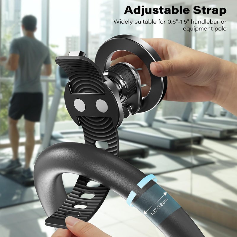 A2C Adjustable Strap Magnetic Bar Phone Mount for Peloton Treadmill, Exercise/Stationary Bikes, Stroller, Shopping Cart, Fits 0.5-1.5" Handlebars, 17 Strong Magnet Gym Phone Holder for iPhone Magsafe - Image 2
